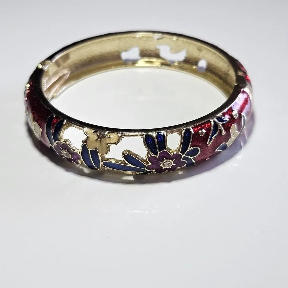 *Sale* Jiu Long Xing Gold Tone Red Blue Cloisonne Flower Hinged Bracelet 7.5" - Picture 14 of 14
